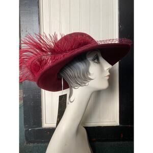 vintage 1980s burgundy wide brim hat feather net veil 80s fashion micheal howard
